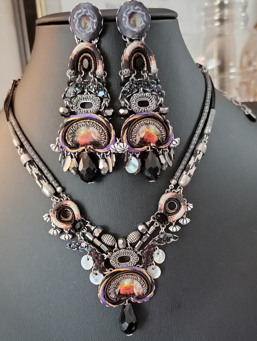 Ayala Bar Black & Purple Beaded Statement Necklace and Earring Set